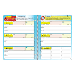 The inside pages of a weekly, dated elementary student planner with subjects like Math and Science.