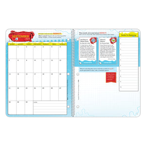 Inside planner pages that show the September 2025 calendar and a character building resource.